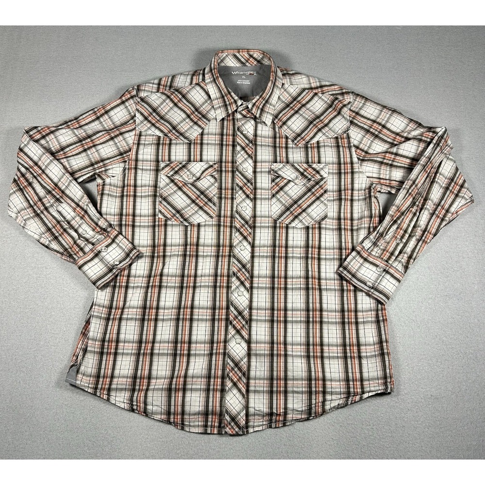 WRANGLER 20X Western Plaid Shirt Long Sleeve Pearl Snap Orange Brown Men's XL